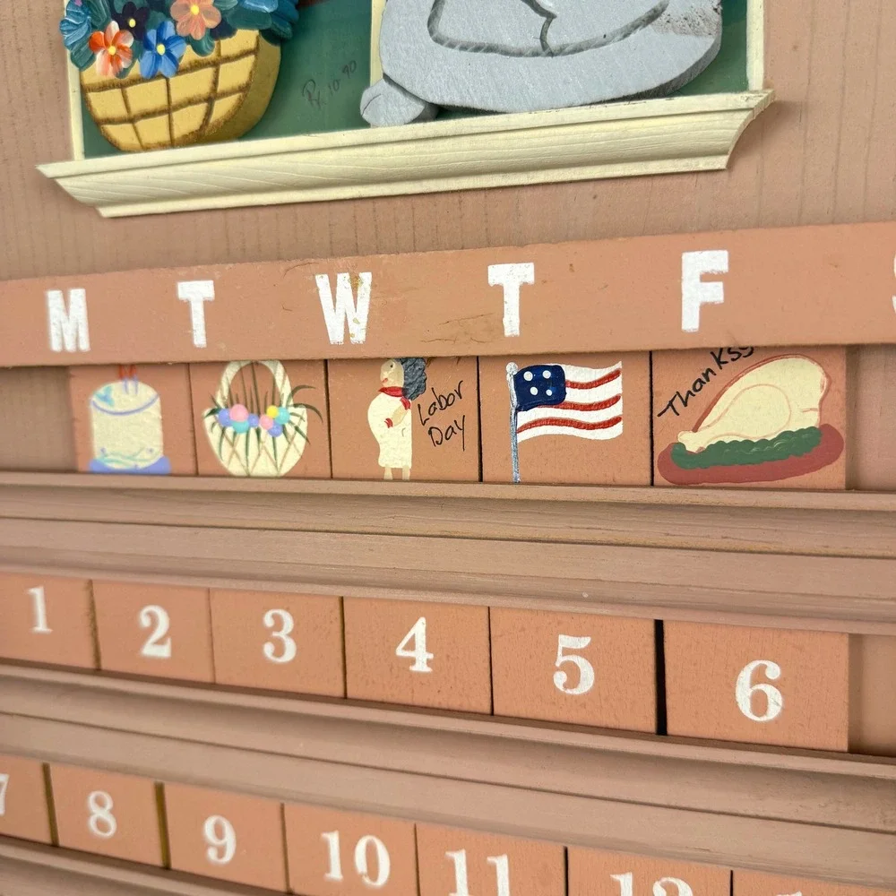 Vintage Wooden Perpetual Calendar Wall Hanging Pink Cat Window Folk Art 23in